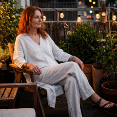 Blue Onyx loose tunic top and wide-leg pants set by THE WHITMORE FAMILY, casual stylish outfit for women.