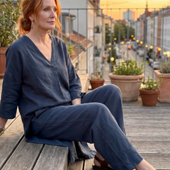 Blue loose tunic top and wide-leg pant set from THE WHITMORE FAMILY, stylish and comfortable women's outfit.