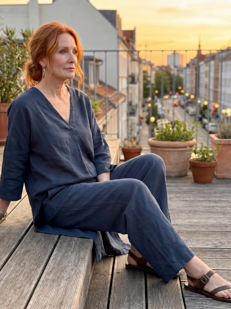 Blue loose tunic top and wide-leg pant set from THE WHITMORE FAMILY, stylish and comfortable women's outfit.
