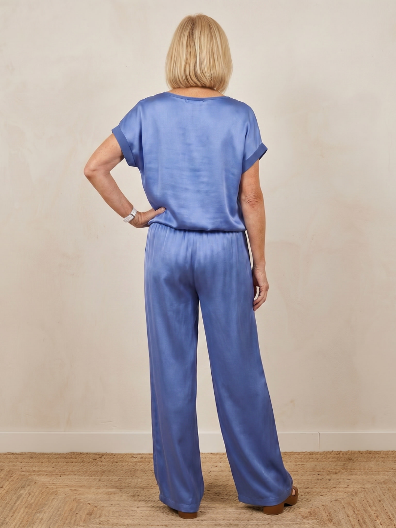 Blue Shiloh short sleeve pants set by THE WHITMORE FAMILY featuring a drawstring waist and comfortable casual style.