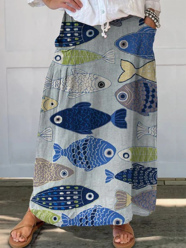 Trisia™ vintage fish art print pocket skirt by THE WHITMORE FAMILY, featuring a colorful fish design and classic skirt style.