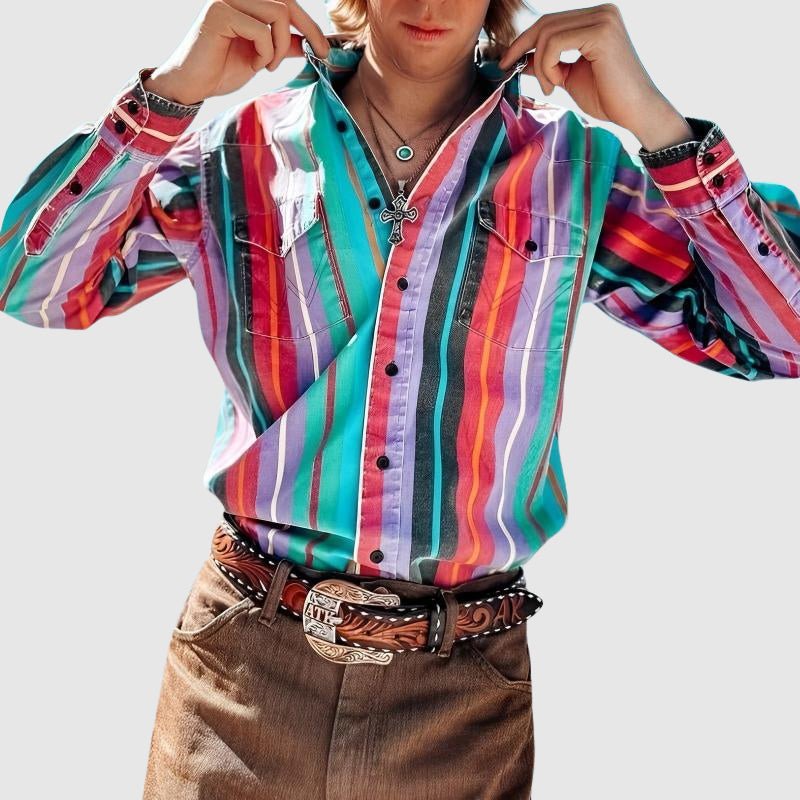 Victor Duval Vintage Odyssey Shirt by THE WHITMORE FAMILY featuring retro-inspired fabric, button-up design, and classic collar style.