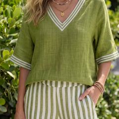 Blue Wren contrast V-neck tunic and stripe trouser set by THE WHITMORE FAMILY, casual stylish women's outfit.