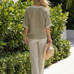 Blue Wren contrast V-neck tunic and stripe trouser set by THE WHITMORE FAMILY, casual stylish women’s outfit.