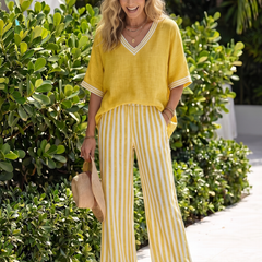 Blue Wren contrast V-neck tunic and stripe trouser set by THE WHITMORE FAMILY, casual stylish outfit for women.