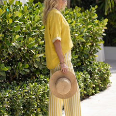 Blue Wren contrast V-neck tunic and striped trouser set by THE WHITMORE FAMILY, stylish women’s coordinated outfit.