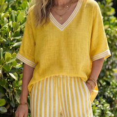 Blue Wren contrast V-neck tunic and stripe trouser set by THE WHITMORE FAMILY, stylish and comfortable women's outfit.