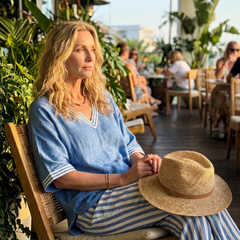 Blue Wren contrast V-neck tunic and stripe trouser set by THE WHITMORE FAMILY, featuring stylish matching top and pants ensemble.