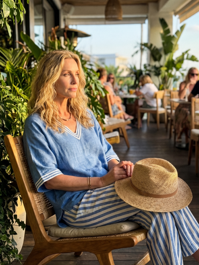 Blue Wren contrast V-neck tunic and stripe trouser set by THE WHITMORE FAMILY, featuring stylish matching top and pants ensemble.