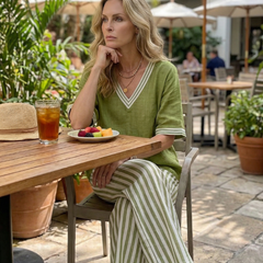 Blue Wren Contrast V-Neck Tunic and Stripe Trouser Set by THE WHITMORE FAMILY, featuring stylish, comfortable coordinated outfit.