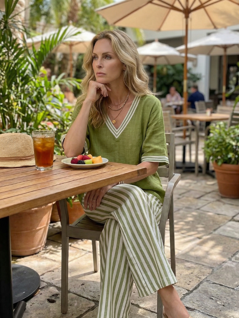 Blue Wren Contrast V-Neck Tunic and Stripe Trouser Set by THE WHITMORE FAMILY, featuring stylish, comfortable coordinated outfit.