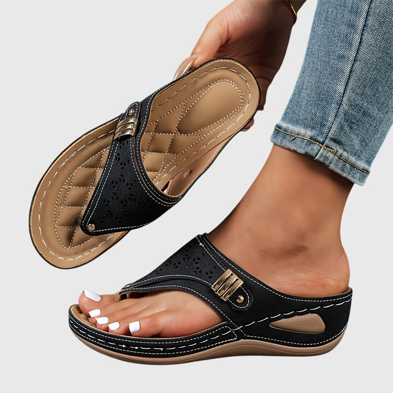 Bordeaux red Livia™ comfortable sandals by THE WHITMORE FAMILY with cushioned straps and a supportive sole.