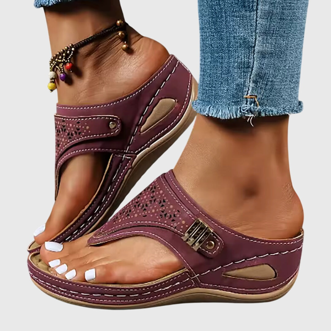 Bordeaux red Livia™ comfortable sandals by THE WHITMORE FAMILY featuring soft straps and cushioned soles.