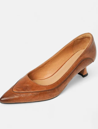 Brown leather Amara heels by THE WHITMORE FAMILY featuring a sleek design and pointed toe.