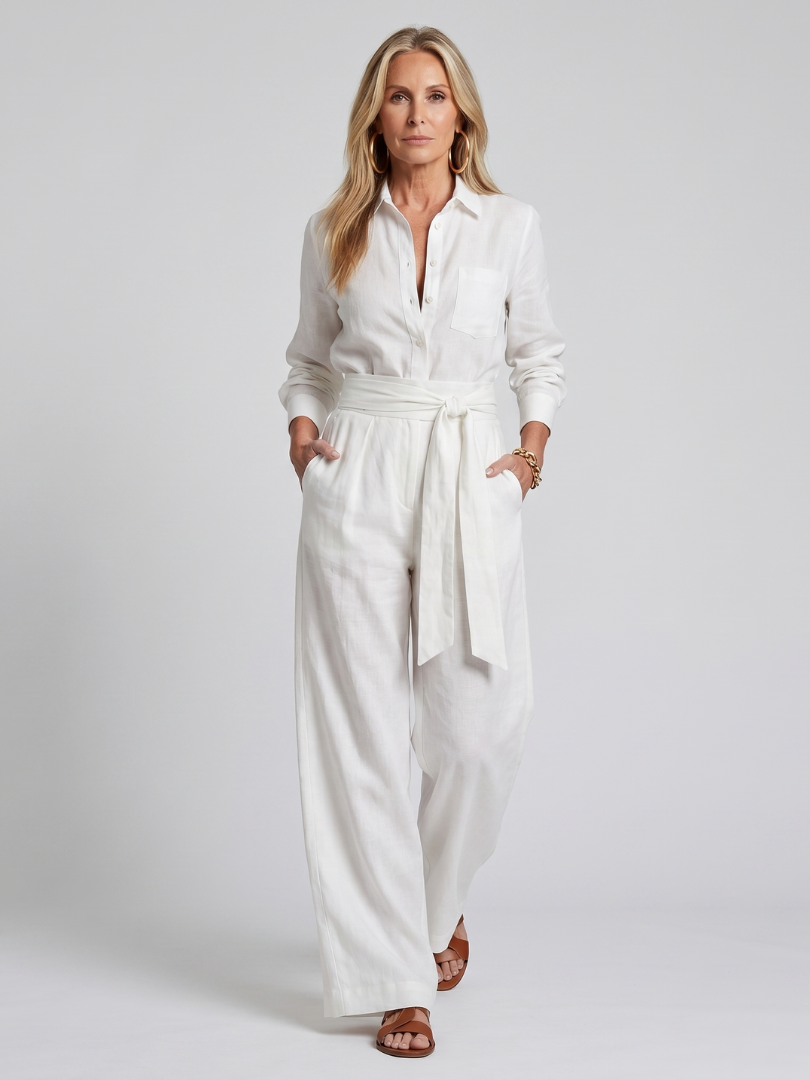 Brown Jovie long sleeve button-front wide-leg jumpsuit by THE WHITMORE FAMILY, featuring a stylish and comfortable fit.
