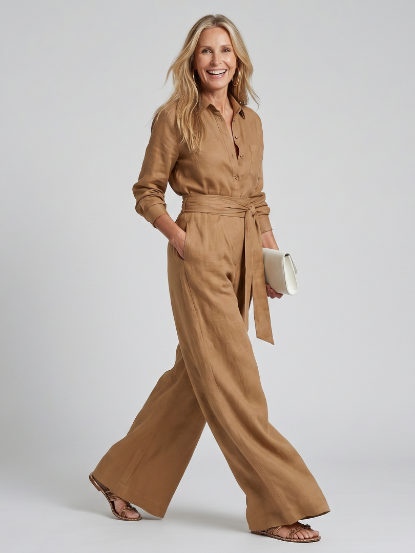 Brown Jovie long sleeve button-front wide-leg jumpsuit by THE WHITMORE FAMILY, displayed on a hanger.