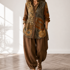 Brown Natalie Vintage Set™ by THE WHITMORE FAMILY, featuring a coordinated top and bottom with vintage-inspired design.