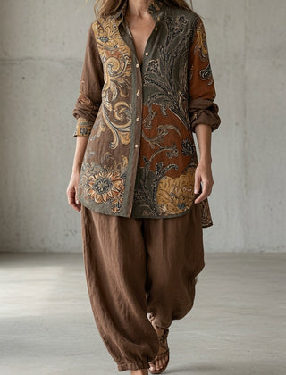 Brown Natalie Vintage Set by THE WHITMORE FAMILY, featuring a stylish coordinated clothing ensemble for women.