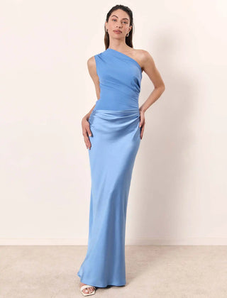 Ashley maxi dress by THE WHITMORE FAMILY in brown satin with a guilt detail, shown on a model.