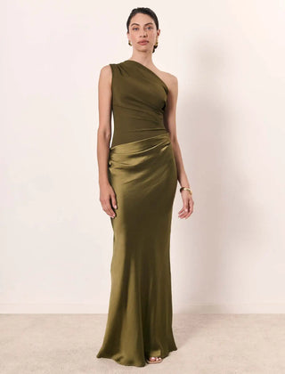 Ashley maxi dress by THE WHITMORE FAMILY, brown satin fabric with a guilt detail, shown on a model.