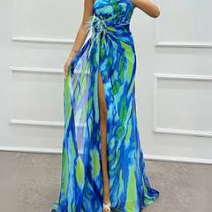 Sandra vibrant draped dress for bridesmaid or guest, blue fabric, elegant style by THE WHITMORE FAMILY.