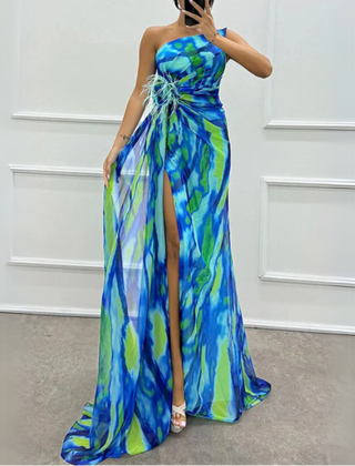 Sandra vibrant draped dress for bridesmaid or guest, blue fabric, elegant style by THE WHITMORE FAMILY.