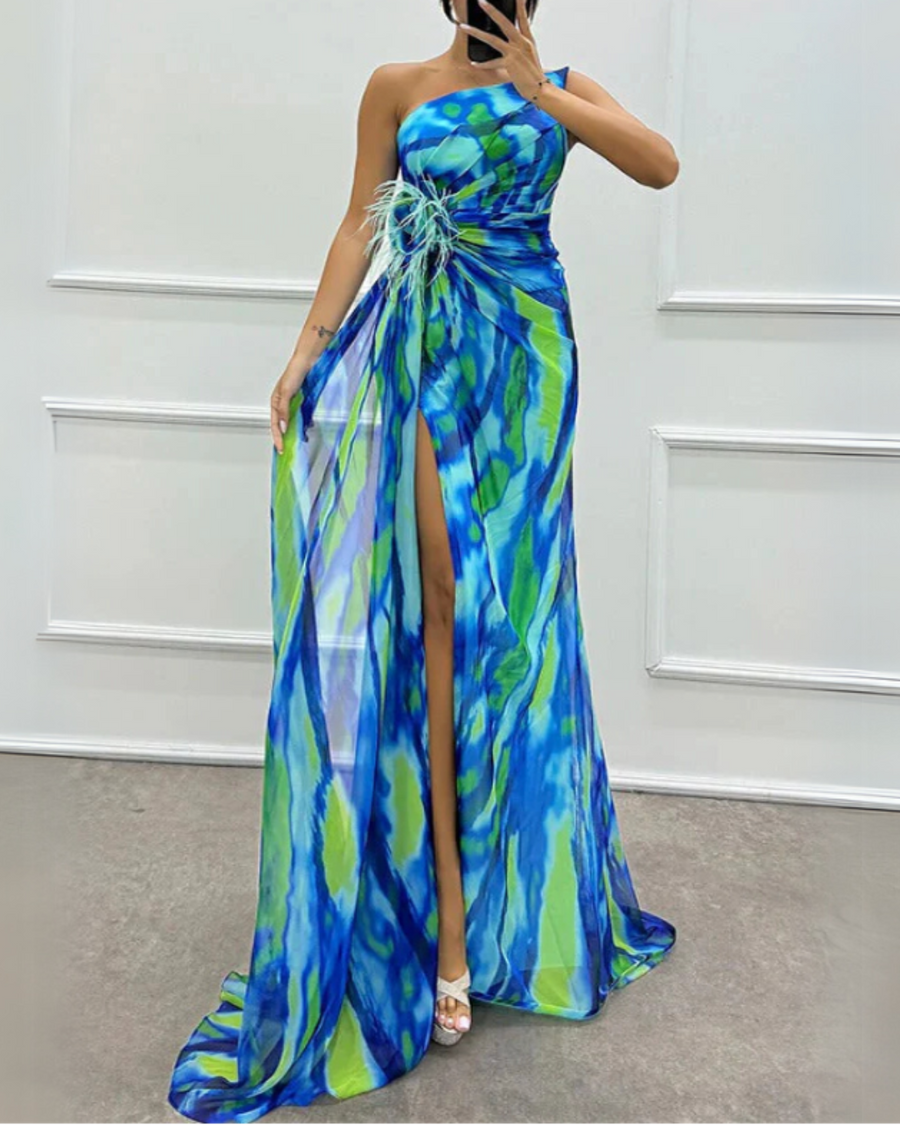 Sandra vibrant draped dress for bridesmaid or guest, blue fabric, elegant style by THE WHITMORE FAMILY.