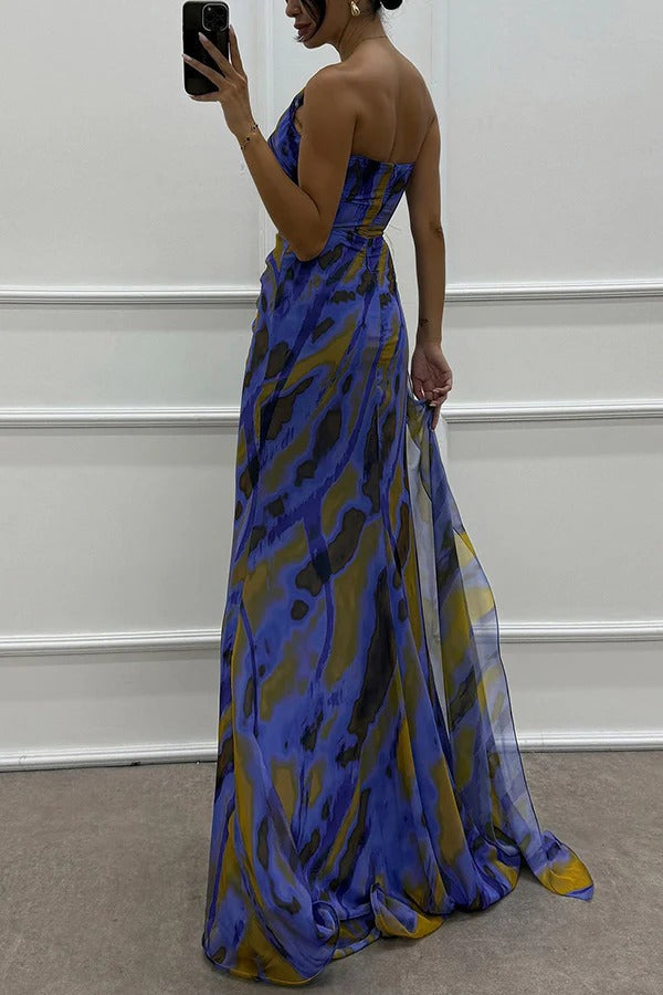 Blue Sandra vibrant draped dress by THE WHITMORE FAMILY, elegant attire for wedding guest occasions.