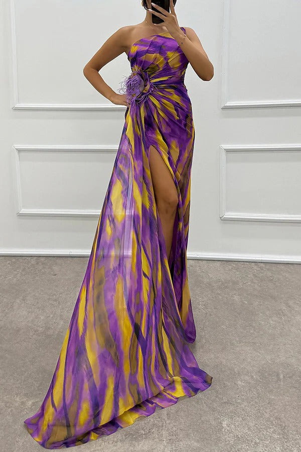 Sandra vibrant draped dress for wedding guest, blue color, by THE WHITMORE FAMILY, shown on a model.