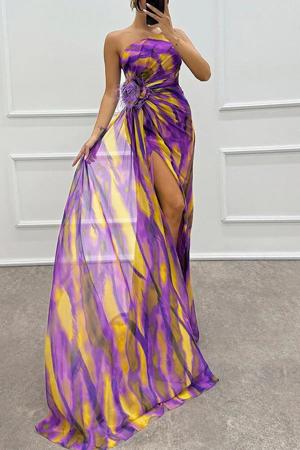 Blue Sandra vibrant draped dress for wedding guest from THE WHITMORE FAMILY, shown on a model in a formal setting