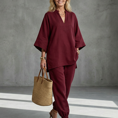 Georgiana V-neck tunic and gathered trousers set by THE WHITMORE FAMILY in burgundy, featuring a stylish and comfortable outfit.