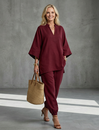 Georgiana V-neck tunic and gathered trousers set by THE WHITMORE FAMILY in burgundy, featuring a stylish and comfortable outfit.