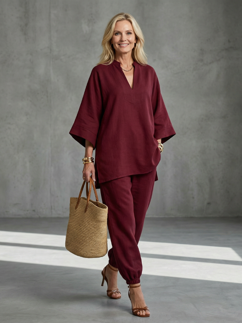 Georgiana V-neck tunic and gathered trousers set by THE WHITMORE FAMILY in burgundy, featuring a stylish and comfortable outfit.