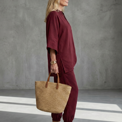 Georgiana burgundy V-neck tunic and gathered trousers set by THE WHITMORE FAMILY, stylish women's outfit with relaxed fit.