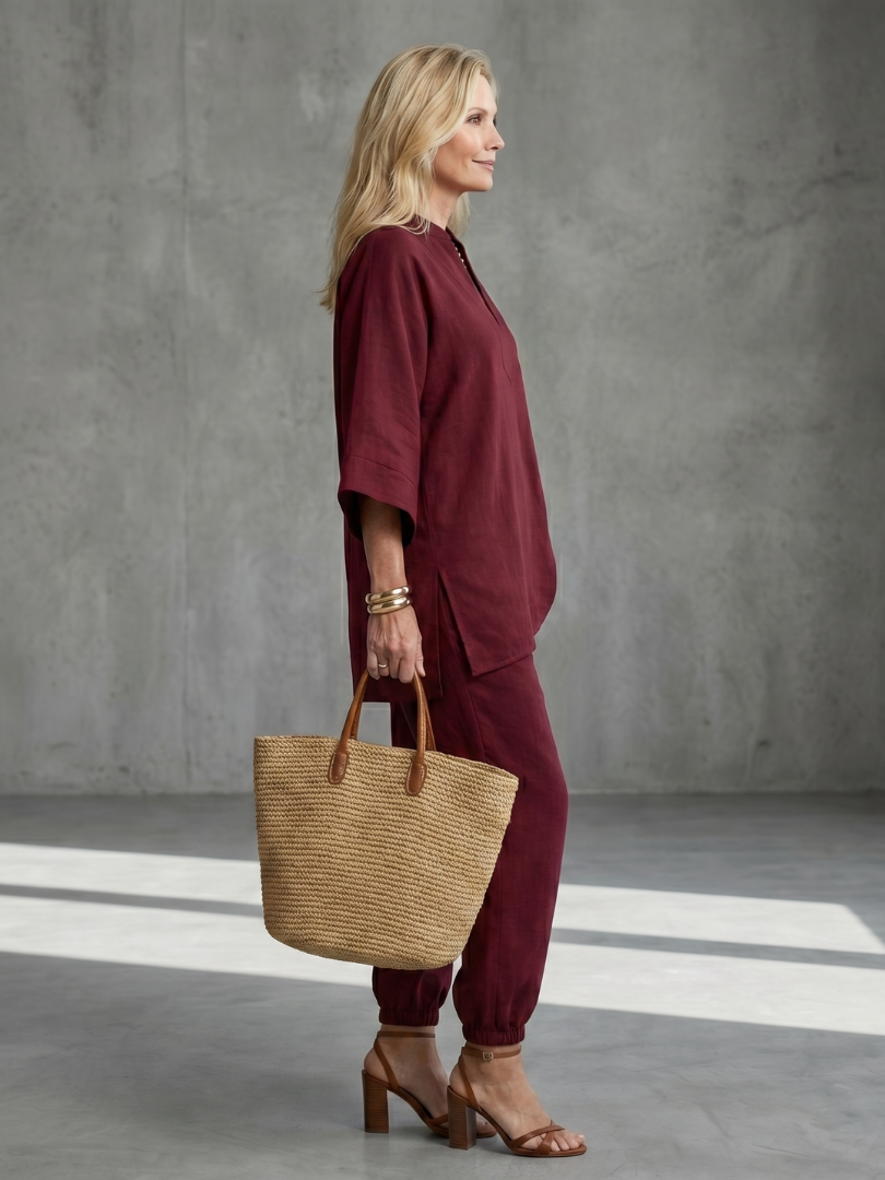 Georgiana burgundy V-neck tunic and gathered trousers set by THE WHITMORE FAMILY, stylish women's outfit with relaxed fit.
