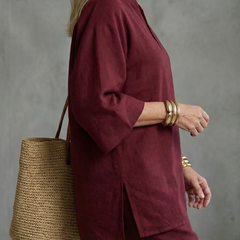 Burgundy Georgiana V-neck tunic and gathered trouser set by THE WHITMORE FAMILY, stylish and comfortable women's outfit.