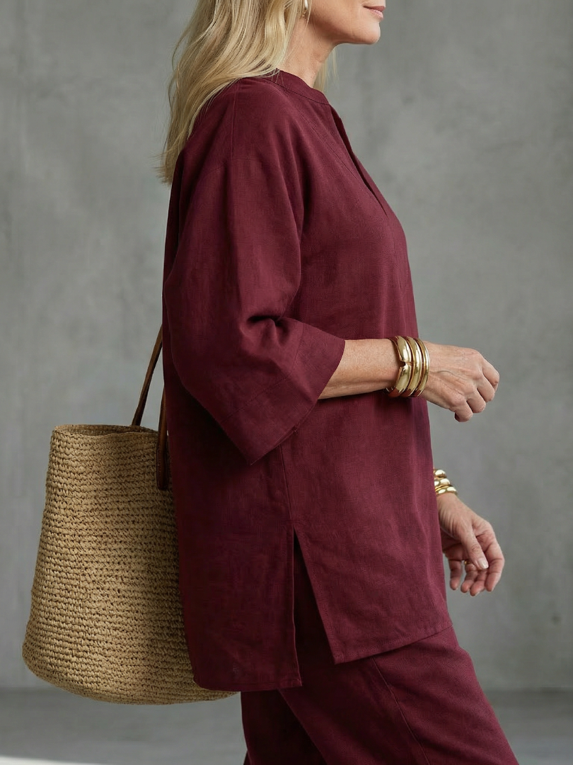 Burgundy Georgiana V-neck tunic and gathered trouser set by THE WHITMORE FAMILY, stylish and comfortable women's outfit.