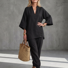 Burgundy Georgiana V-neck tunic and gathered trouser set by THE WHITMORE FAMILY, displayed on a model.