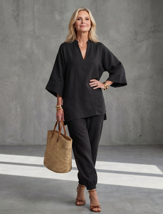 Burgundy Georgiana V-neck tunic and gathered trouser set by THE WHITMORE FAMILY, displayed on a model.