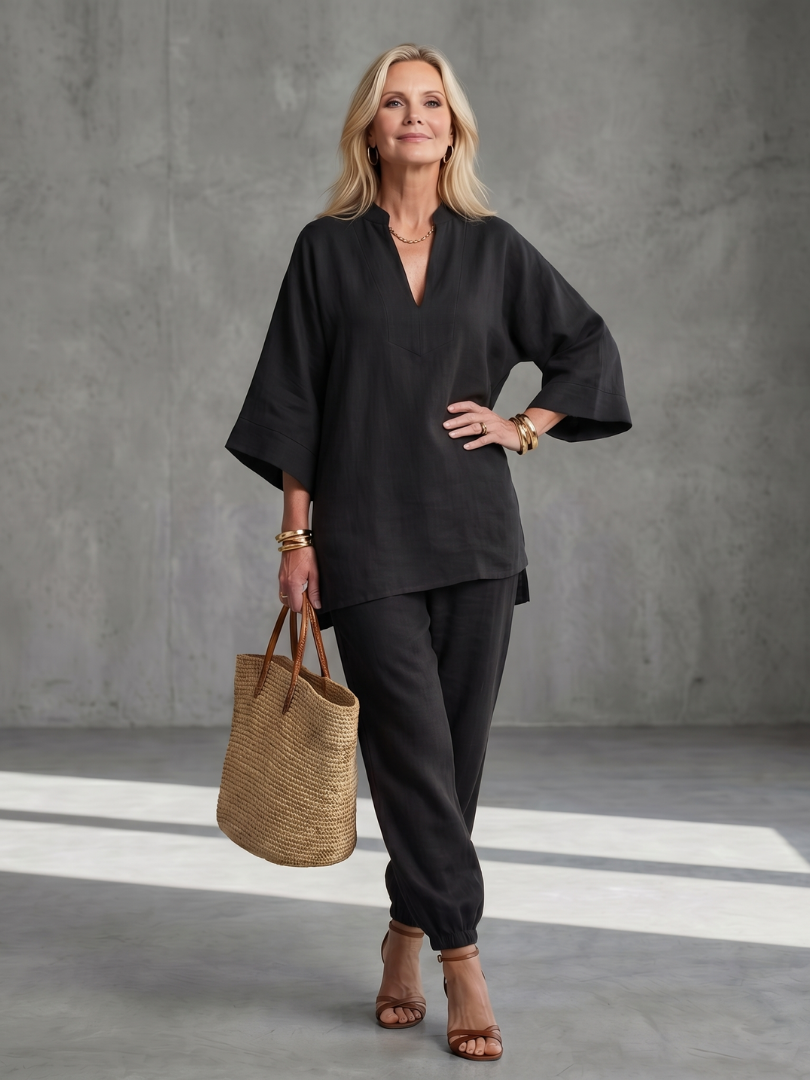 Burgundy Georgiana V-neck tunic and gathered trouser set by THE WHITMORE FAMILY, displayed on a model.