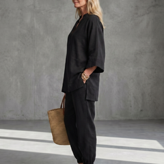 Georgiana burgundy V-neck tunic and gathered trouser set by THE WHITMORE FAMILY, stylish women's outfit with relaxed fit.