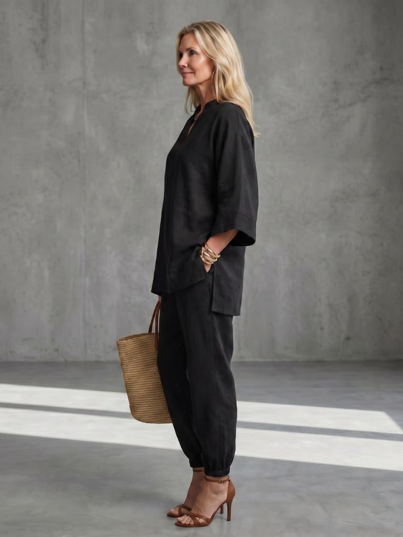 Georgiana burgundy V-neck tunic and gathered trouser set by THE WHITMORE FAMILY, stylish women's outfit with relaxed fit.