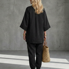 Georgiana V-neck tunic and gathered trousers set by THE WHITMORE FAMILY, in burgundy, styled for a casual elegant look.