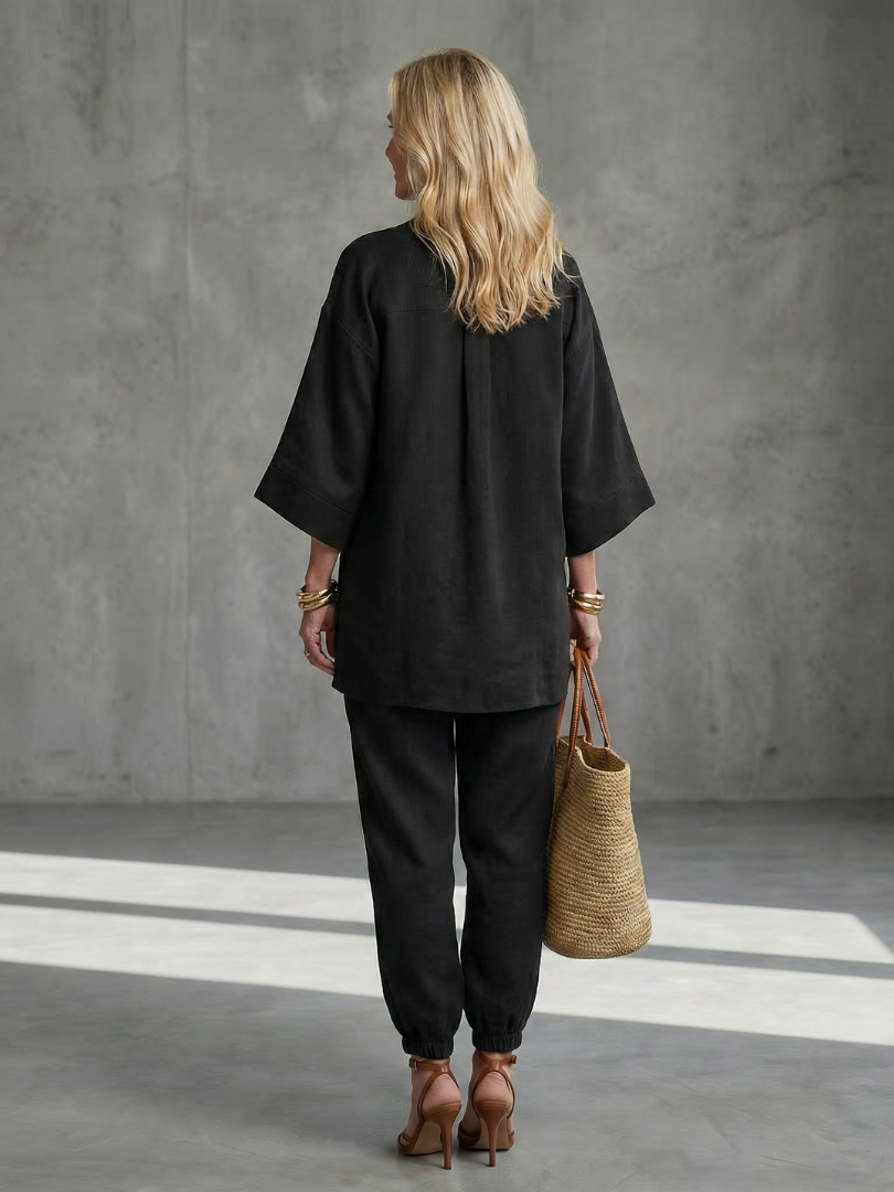 Georgiana V-neck tunic and gathered trousers set by THE WHITMORE FAMILY, in burgundy, styled for a casual elegant look.