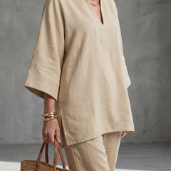Georgiana burgundy V-neck tunic and gathered trouser set by THE WHITMORE FAMILY, stylish women's matching outfit in soft fabric