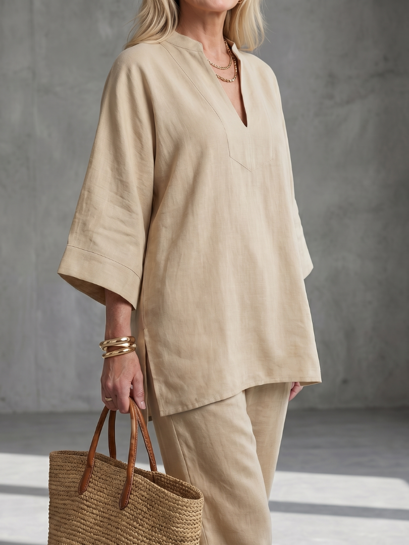 Georgiana burgundy V-neck tunic and gathered trouser set by THE WHITMORE FAMILY, stylish women's matching outfit in soft fabric