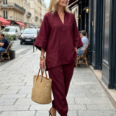 Burgundy Georgiana V-neck tunic and gathered trouser set by THE WHITMORE FAMILY, displayed on a mannequin.