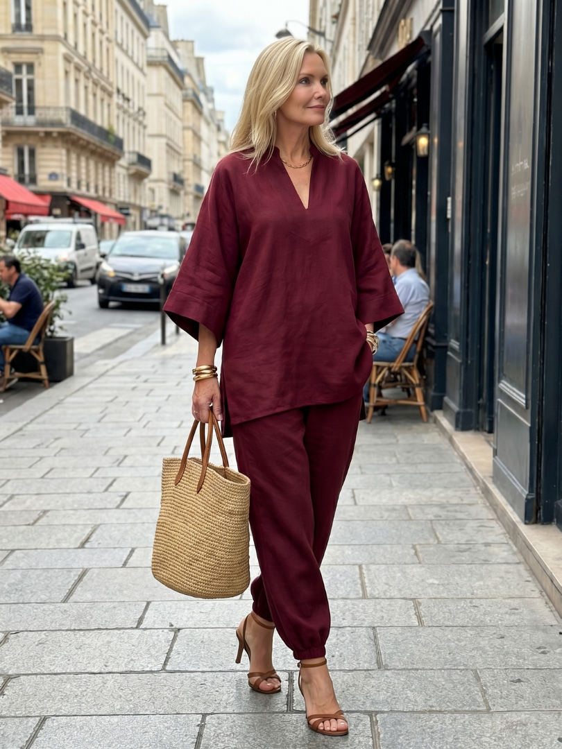 Burgundy Georgiana V-neck tunic and gathered trouser set by THE WHITMORE FAMILY, displayed on a mannequin.