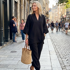 Georgiana V-neck tunic and gathered trousers set by THE WHITMORE FAMILY in burgundy, stylish and comfortable women's outfit.