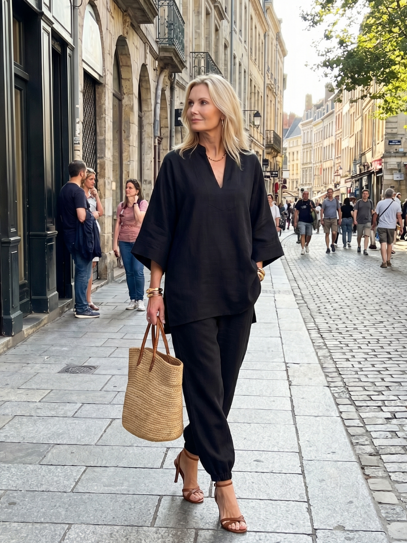 Georgiana V-neck tunic and gathered trousers set by THE WHITMORE FAMILY in burgundy, stylish and comfortable women's outfit.
